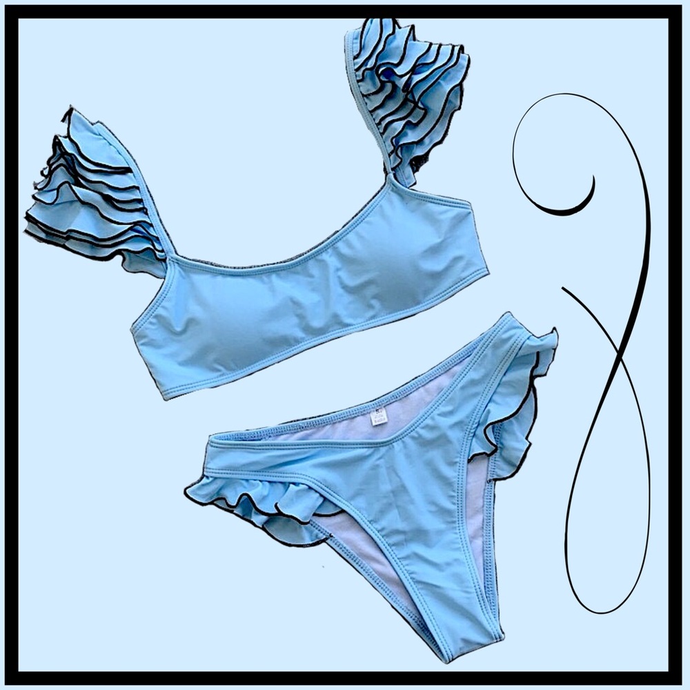 Layered Ruffled Shoulders Light Blue Bikini NWT - Picture 5 of 13